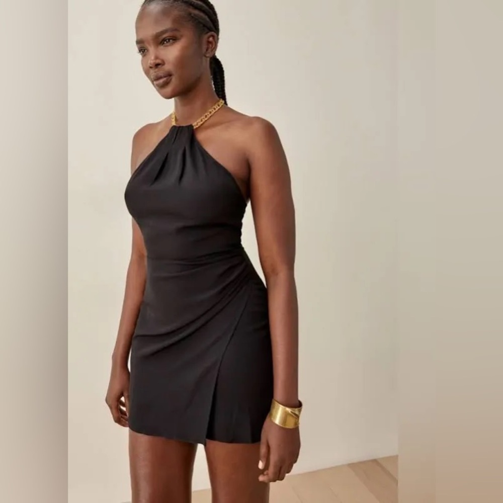 Reformation Aidan Black Mini Dress with Gold Accents